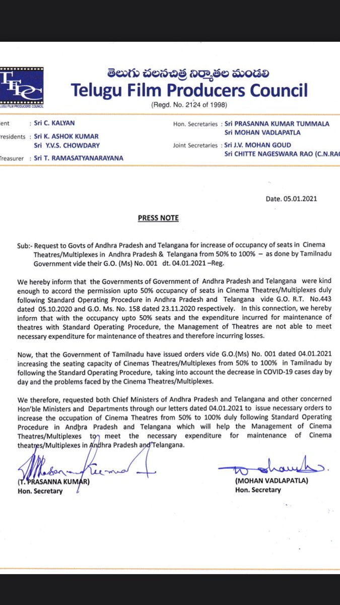 Hemanth Kumar C R Since Tamil Nadu State Government Has Set A Precedent By Allowing 100 Occupancy In Cinema Halls The Telugu Producers Council Has Requested The Ap And Telangana