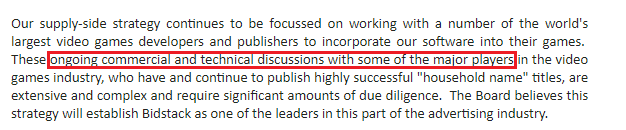 At the August half year report the company said this, which I read as "we're trying to get more beyond Sega and Codemasters"