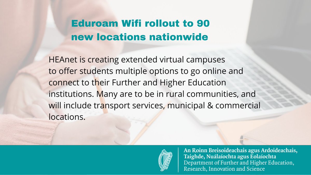 Minister <a href="/SimonHarrisTD/">Simon Harris TD</a> has today announced the roll-out of Wi-Fi roaming to further and higher education students in 90 new locations across the country. <a href="/HEAnet/">HEAnet</a> 

Read more on gov.ie
