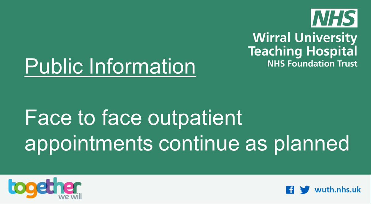 Wirral University Teaching Hospital will still be running face to face clinic appointments. The recent Government announcement on national lockdown restrictions does not affect patient appointments. Please attend for your appointment as arranged.