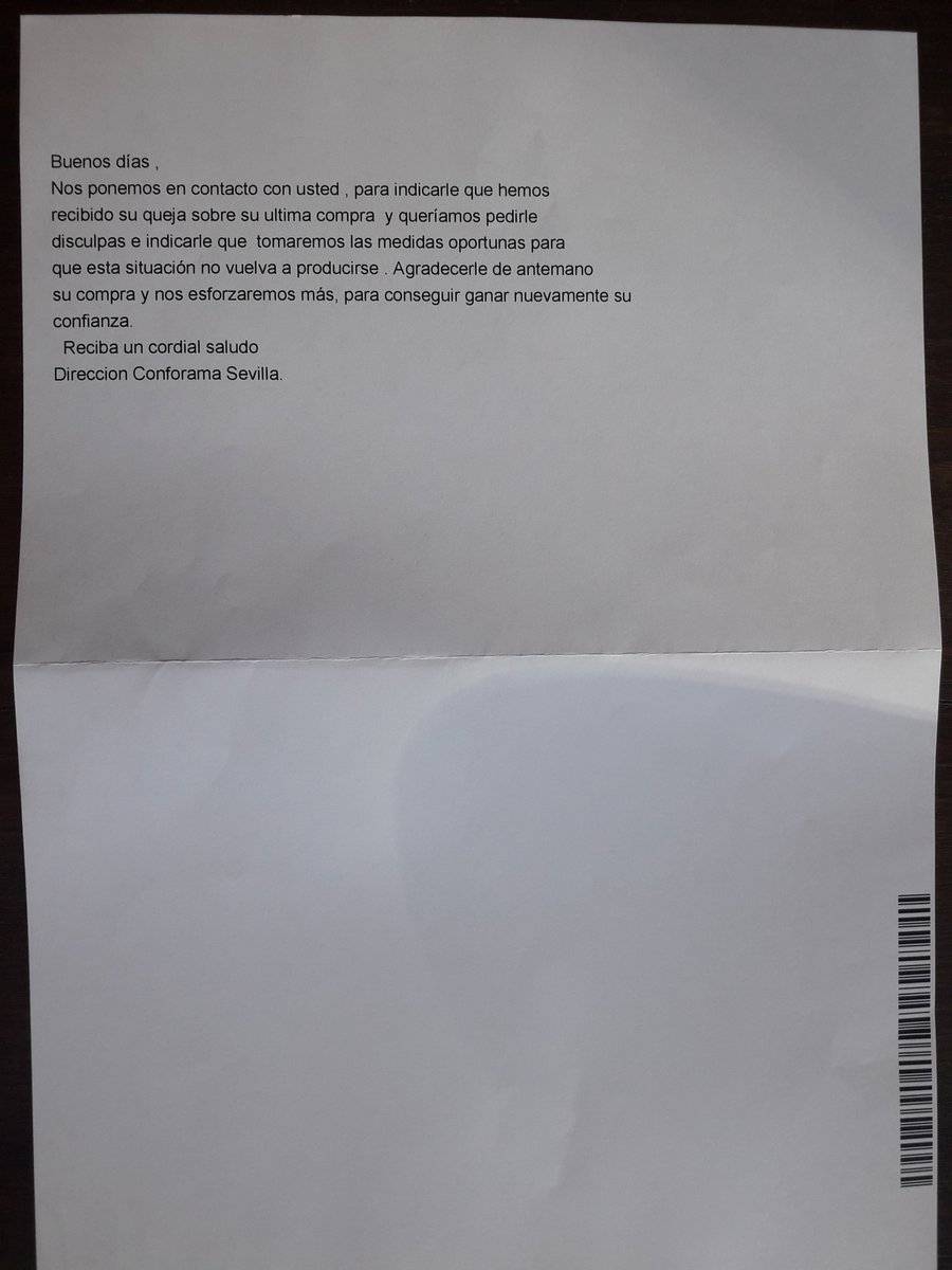 einfante2's tweet photo. Tras la oportuna reclamación, esta es la respuesta de Conforama. Nótese la eficacia en atender a sus clientes y la formalidad de la carta. Muy, muy lamentable. Se extinguen los profesionales. https://t.co/FQue5912LT