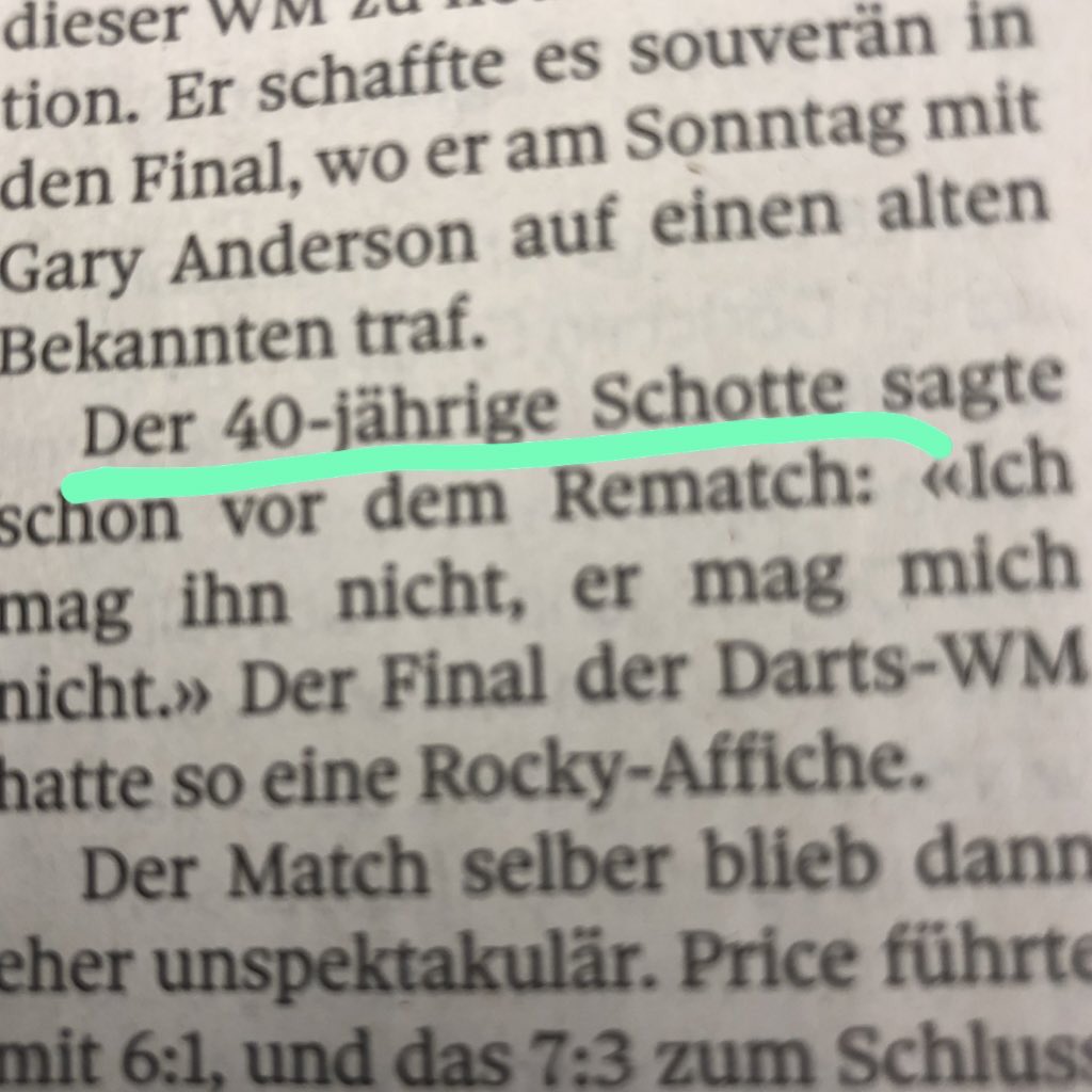 pjanata's tweet photo. Seems that @GaryAnderson180 made a good impression during the last three weeks at the @OfficialPDC world darts championship 2021.
Swiss media @tagi made him 10 years younger #darts #DartsWM2021 #media https://t.co/mJB6FMbaYp