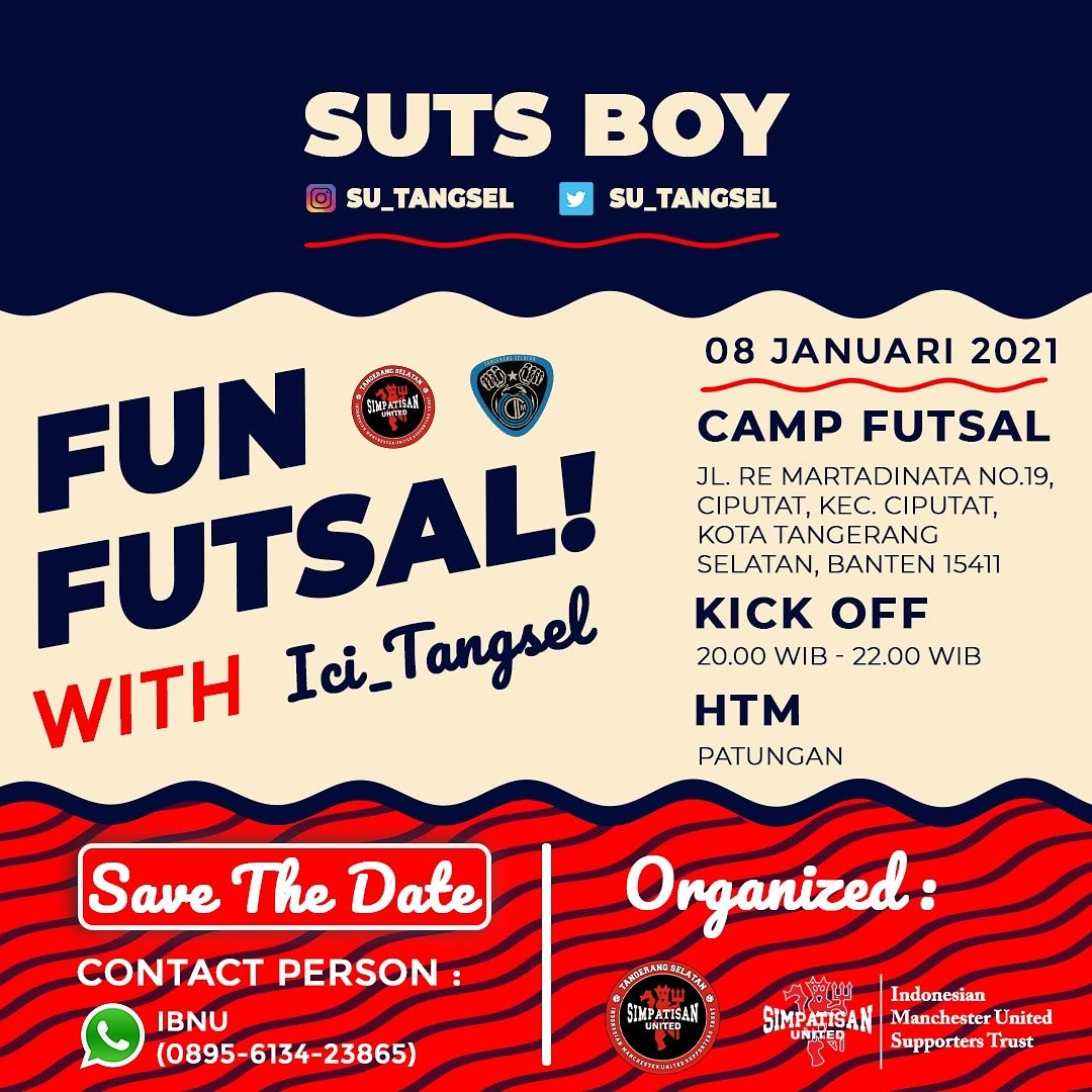 Berolahraga ria di awal tahun?? 
Siapa takut!!

Kali ini kita akan bersilatuhrahmi bersama teman-teman biru hitam <a href="/ICI_TANGSEL/">ICI Regional TangSel</a> 
🔴⚪️⚫️ X 🔵⚫️

Reminder : Patuhi perprotokolan duniawi yee🤘🏽

#NOSUNOPARTY #SUTS #SUTSBOYS #SUFAMILY #PRIDEOFTANGSEL #funfutsal #SUTSxICI 
#NOR