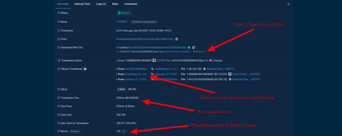 UUPool is using this contract to do free arbitrage. When they mine a block they put their arbs at the front with zero transaction fee.

etherscan.io/address/0xc35d…

The era of MEV has begun :(