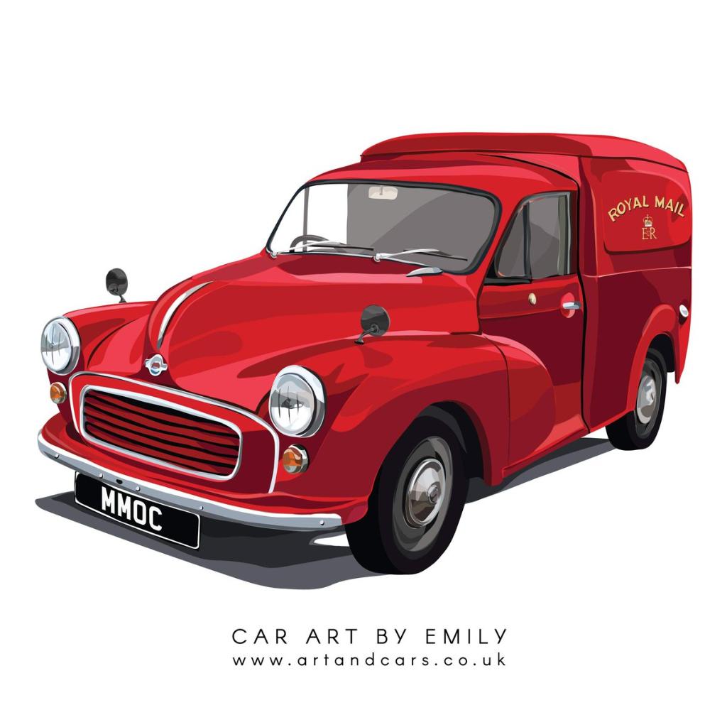 Illustration of a Morris Minor Royal Mail van. 