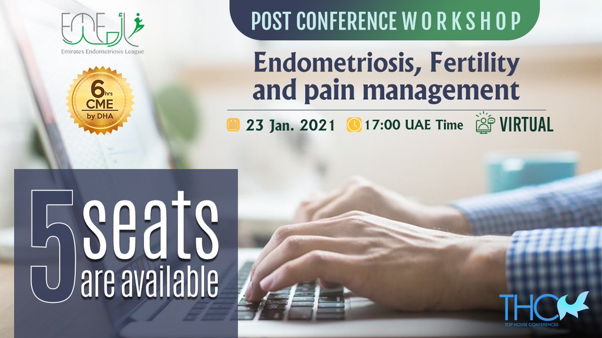 tophconferences's tweet image. Hurry Up and Register Now! Only 5 seats are available
Post Conference Workshop
Endometriosis, Fertility and Pain Management
23 Jan. 2021
Virtual – 17:00 UAE time
6 CME hrs by DHA
For registration, via emel-ae.com
For more info. +971563884828
#tophconferences