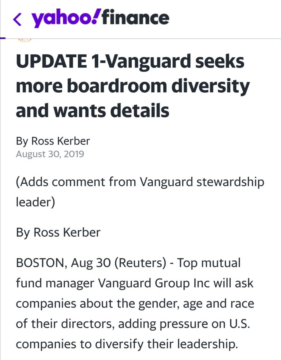 La palme revient à Vanguard Group qui souhaite faire pression sur les compagnies pour prendre en compte la race, le genre et l'âge dans le recrutement de leurs cadres...