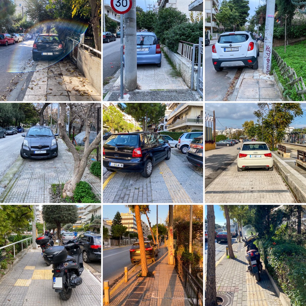 First rule: sidewalks are *not* for pedestrians. They function chiefly as overflow parking. If there is enough space on the sidewalk, a car or motorcycle will appear. Vehicles win—every time. (Photos taken around Alimos and Palaio Faliro.)