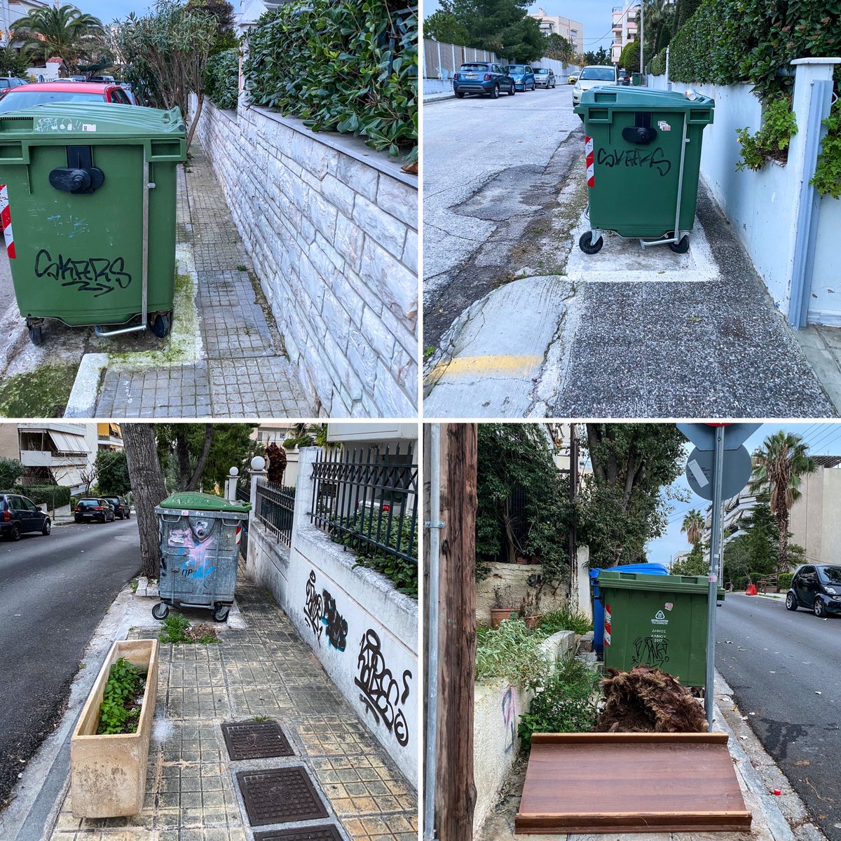 The next barrier is the trash can. The urban planner has often firmed its place on the sidewalk with this little insert. Good luck squeezing past these guys.