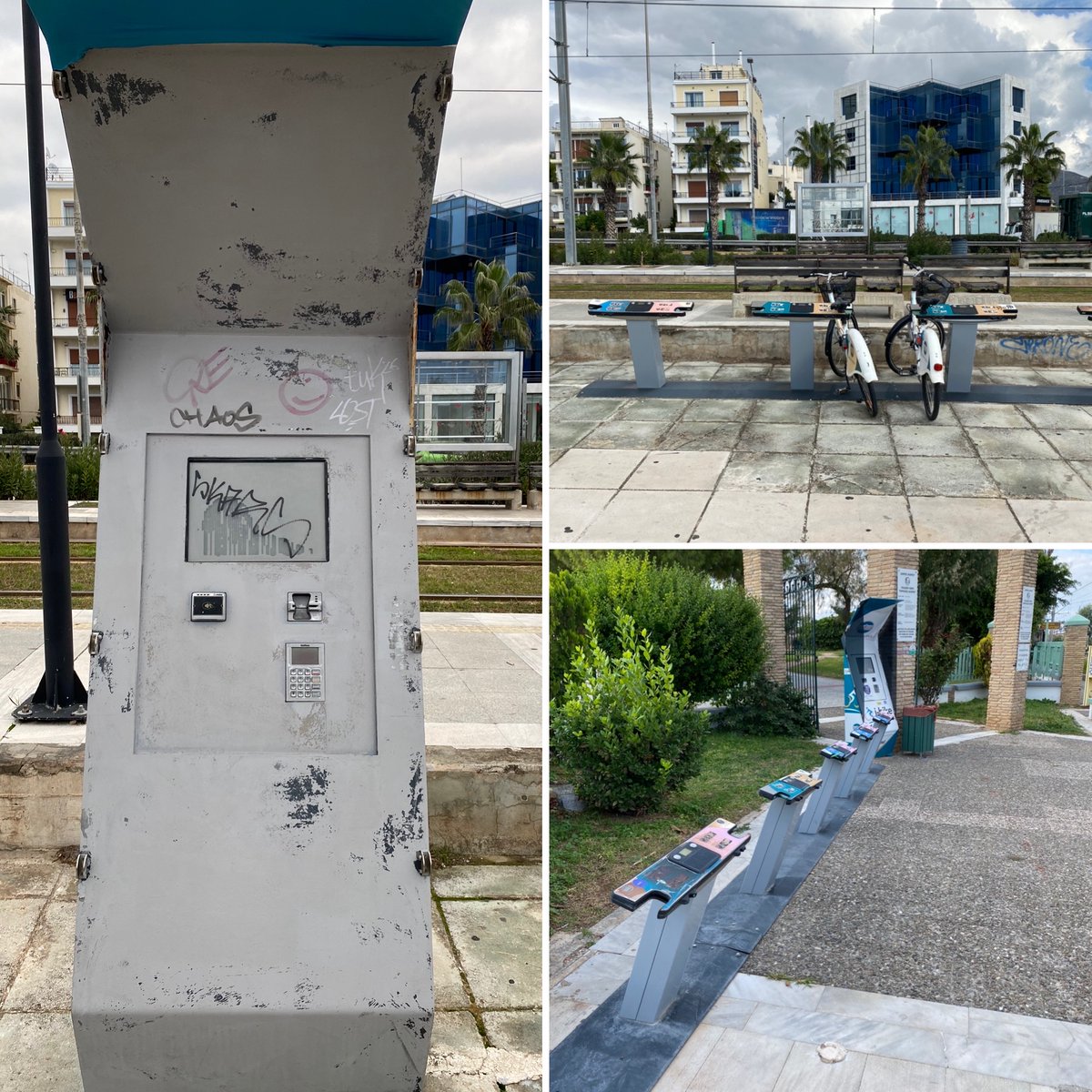 Speaking of bikes, here is the bike-sharing system for the municipality of Alimos: two stations and 20 docks, now in disrepair. The “gimmick” approach to urban planning—the token gesture to create a photo-op rather than a serious attempt to provide mobility services.