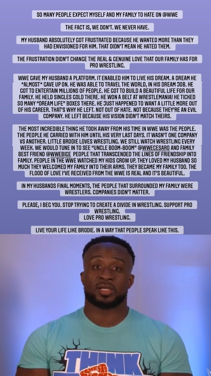 Fightful's tweet photo. Amanda Huber, the wife of Jon Huber (Brodie Lee) posts statement on not wanting a divide in wrestling. https://t.co/UvHasCYlik