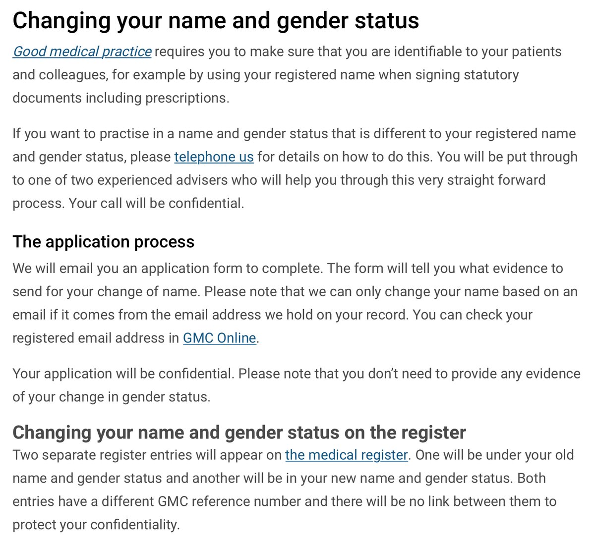 BREAKING: The patients can no longer depend on  @gmcuk to truthfully inform them of a doctor's biological sex. They allowed change of name and gender *without any evidence*. Just fill an application and GMC will give a different set of details. Criminal. https://www.gmc-uk.org/registration-and-licensing/managing-your-registration/information-for-doctors-on-the-register/maintain-your-registration