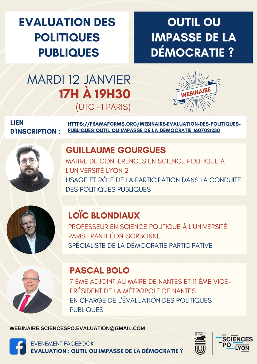 Colloque annuel des étudiant·e·s du Master 2 « Evaluation et suivi des politiques publiques » de <a href="/ScPoLyon/">Sciences Po Lyon</a> le mardi 12 janvier 2021, sur le thème "Evaluation des politiques publiques : outil ou impasse de la démocratie ?"... ow.ly/ekOk50D0evy