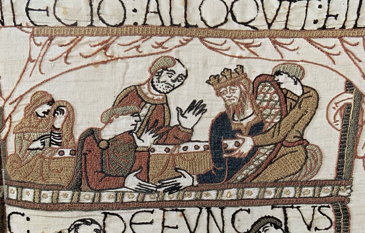  #OTD in 1066 King Edward the Confessor died childless, creating a succession dispute that led to the Norman Conquest. This scene on the Bayeux Tapestry shows Queen Edith weeping at his deathbed, one of FIVE surviving pre-Conquest portraits of queens. THREAD:  #medievaltwitter