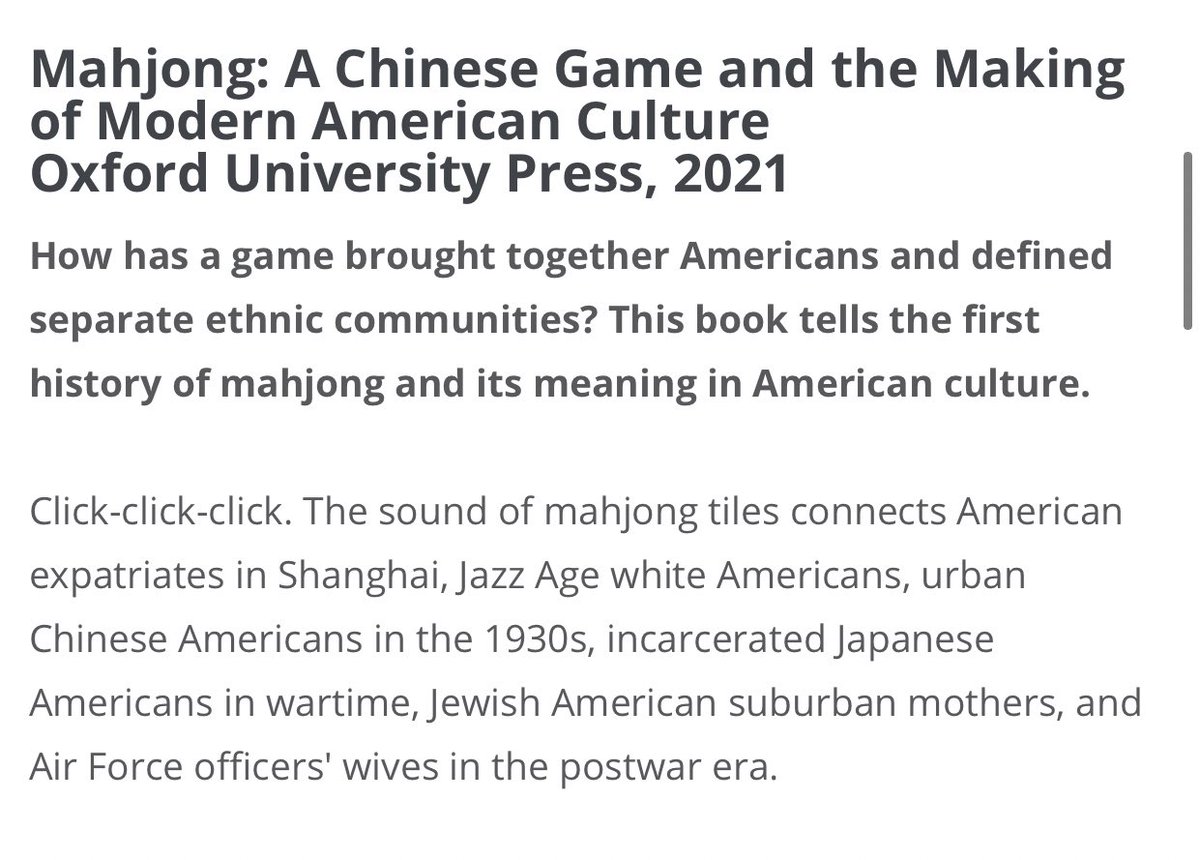 Also intrigued by this upcoming book on mahjong and it's myriad players in American history  https://www.amheinz.org/mahjong-project.html