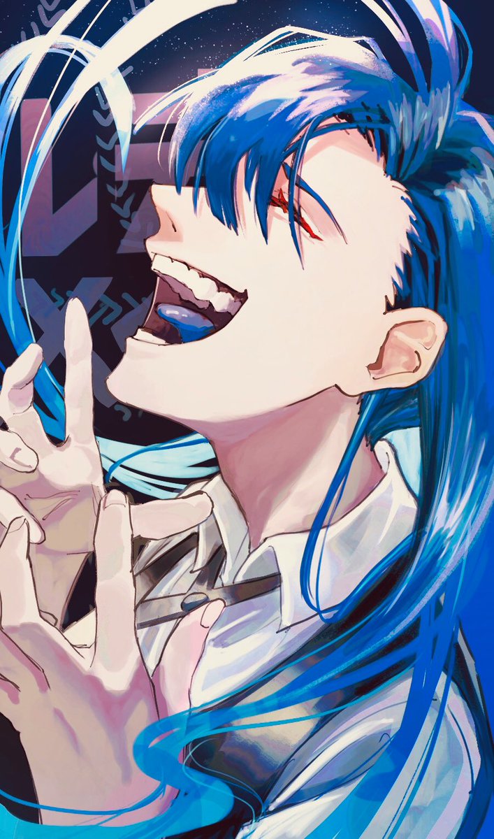 solo blue hair long hair shirt male focus 1boy open mouth  illustration images