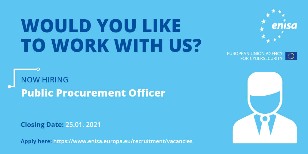 Do you have experience with procurement for EU Institutions? 

ENISA is looking to recruit a Public Procurement Officer (TA/AST4).
 
Apply by 25 January 2021 and join our team! 
 
Find all the details here👉enisa.europa.eu/recruitment/va…