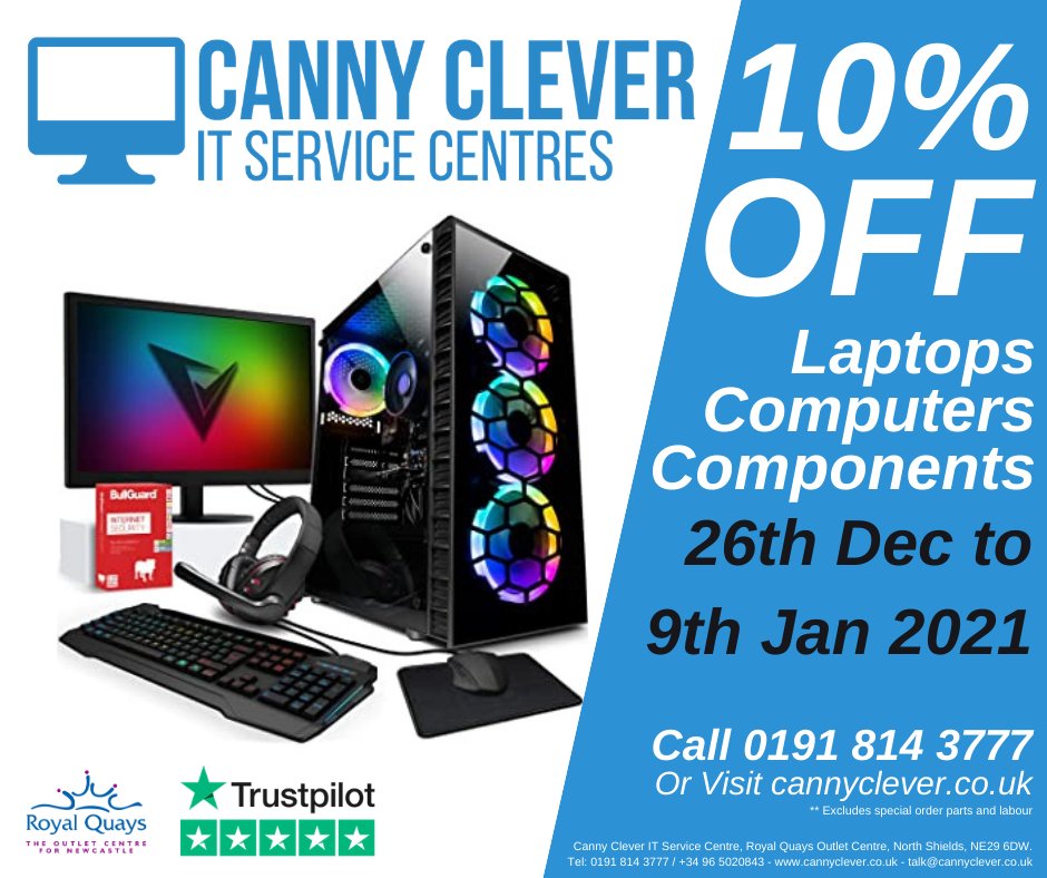 CannyLtd's tweet photo. Our 10% Off Sale starts on 26th December 2020! That's 10% off all computers, laptops, components and more! Visit us in-store at our Royal Quays IT Service Centre, call us on 0191 814 3777 or find us online at https://t.co/Dunis2A0o7! @RoyalQuaysShop https://t.co/B69csJAiMX