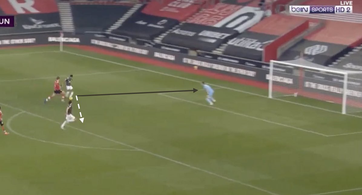 Below is an example of Rashford’s instinct to always shoot first — even when shooting is suboptimal. He squares it right at the keeper instead of a pass to Cavani that would increase the probability of a goal. Decision making needs improvement.