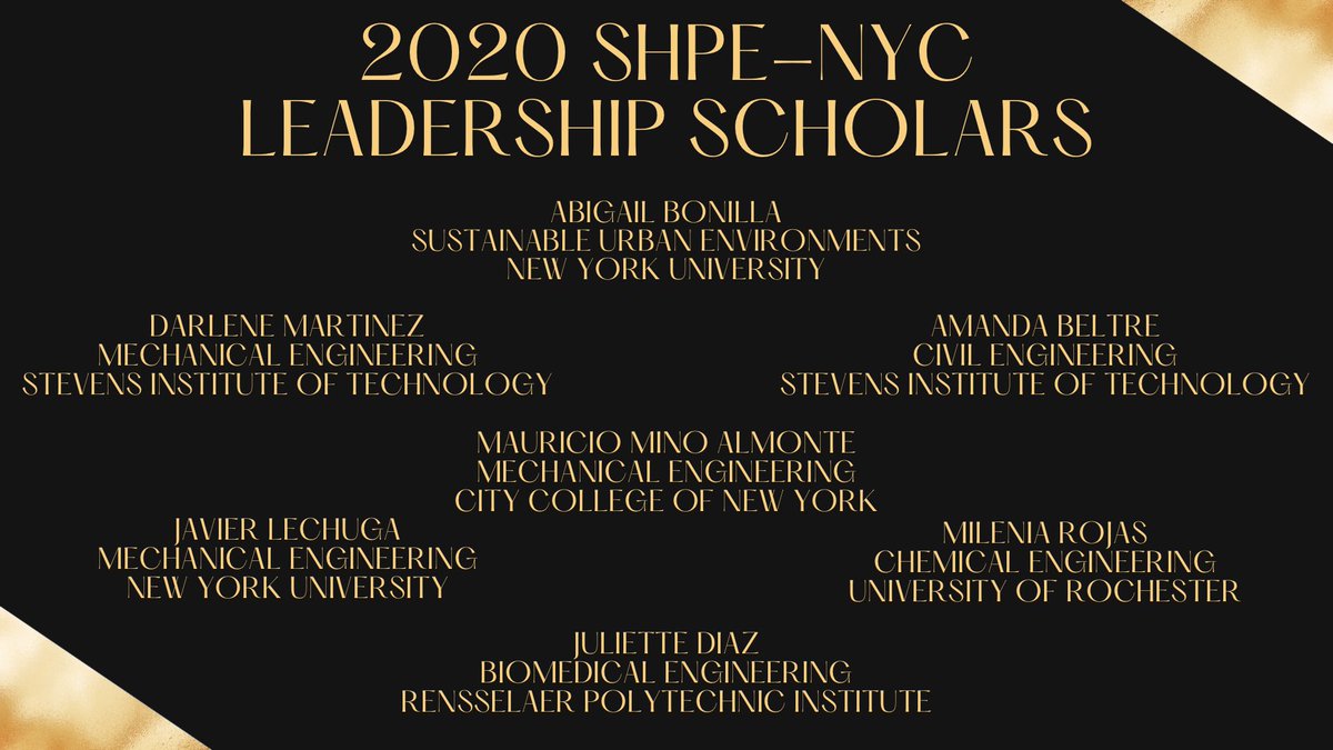 We are excited to announce the 2020 SHPE-NYC Leadership Scholars! This scholarship recognizes SHPE students who are actively promoting the SHPE mission! #shpe #nyc #scholarship #hispanic #latinx #stem