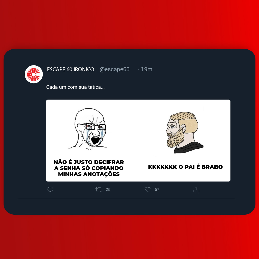 Escape60Oficial's tweet photo. Cada um é cada um, né? Mais vale um cadeado aberto do que dois fechados 🤷‍♂️

#Escape60Irônico #Escape60 #VemproEscape60 https://t.co/9v33SRYdrB