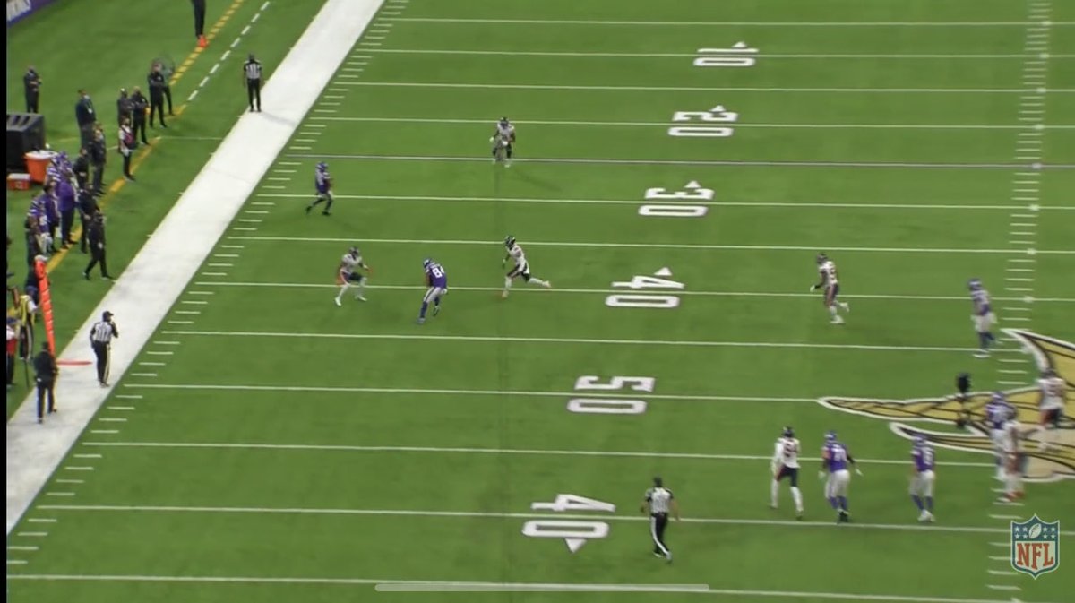 Executes his zone perfect covering both his man deep sideline, while keeping eyes on underneath. Tackle in bounds and Vikings now basically dead to Hail Mary which fails. Nice progress in his zone reps here.