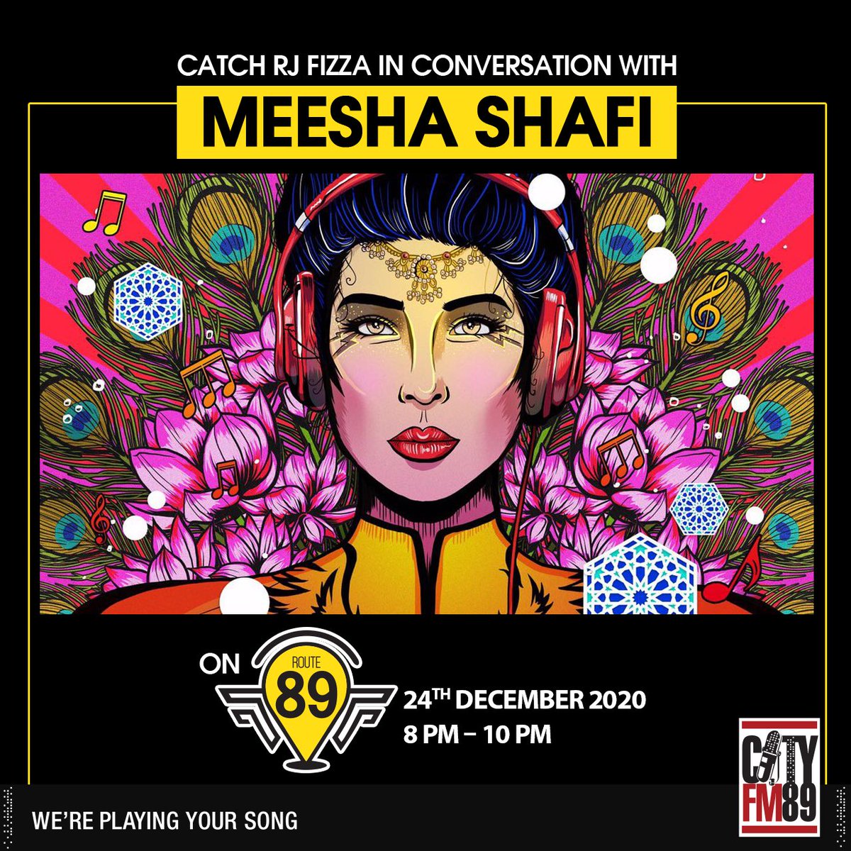 CityFM89's tweet photo. Tune in to #Route89 tonight at 8 PM as RJ @fizza_aslam chats with @itsmeeshashafi live on-air about her musical journey, her collaborations, her experience with Coke Studio &amp; VELO Sound Station, her upcoming SURPRISE collaboration &amp; much more! 
#CityFM89 #FizzaAslam #MeeshaShafi https://t.co/hRZxHgLTe8