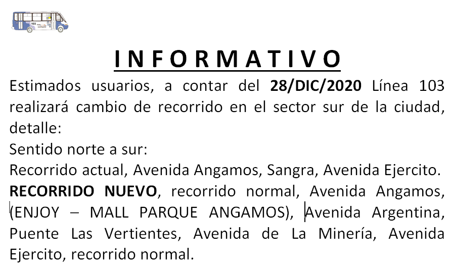 📌Estimados vecinos de #Antofagasta comunicamos cambio de recorrido sector sur de la ciudad.📌
<a href="/MTTAntofagasta/">SeremiTT Región de Antofagasta</a> <a href="/aftalinea110/">Transantofagasta línea 110</a> <a href="/102_linea/">LINEA 102 Antofagasta</a> <a href="/ADUTAXAFTA/">ADUTAX</a> <a href="/109Linea/">Linea109</a> <a href="/111Linea/">Linea 111 Transantofagasta oficial</a> <a href="/Transmul114/">LINEA 114 TRANSMUL ANTOFAGASTA</a> <a href="/soyantofagasta/">soyantofagasta.cl</a> <a href="/FmPlusChile/">Radio Fm Plus</a> <a href="/RadioAftaOnline/">Radio Antofagasta Online</a> <a href="/desiertofm/">desiertofm</a>