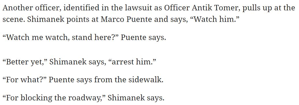 4. the pretext of obstruction quickly escalated, with the officer, for no legitimate reason, demanding the father be arrested and *his partner* then used pepper spray in the most sadistic possible way. the forcible removal of his glasses left a scar.