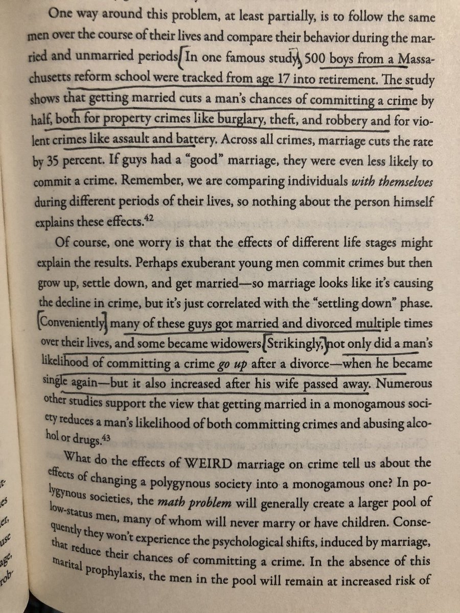 The WEIRDest People in the World"getting married cuts a man's chances of committing a crime by half, both for property crimes and for violent crimes...not only did a man's likelihood of committing a crime go up after a divorce...it also increased after his wife passed away"