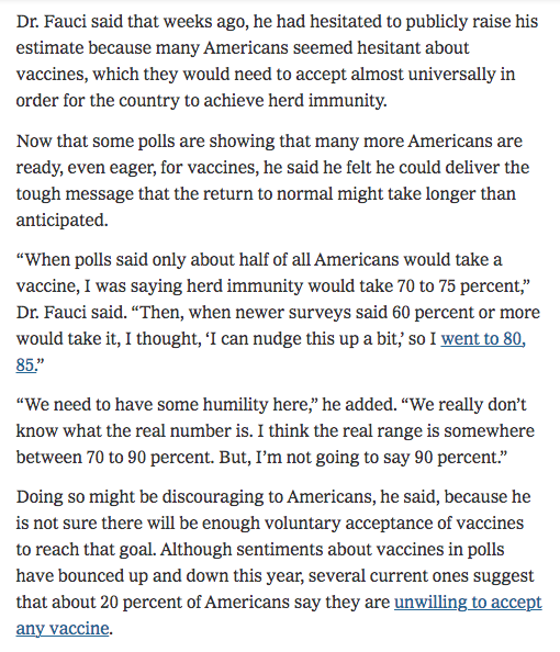 Fauci is openly admitting that his public comments on herd immunity are being driven by polling. https://www.nytimes.com/2020/12/24/health/herd-immunity-covid-coronavirus.html