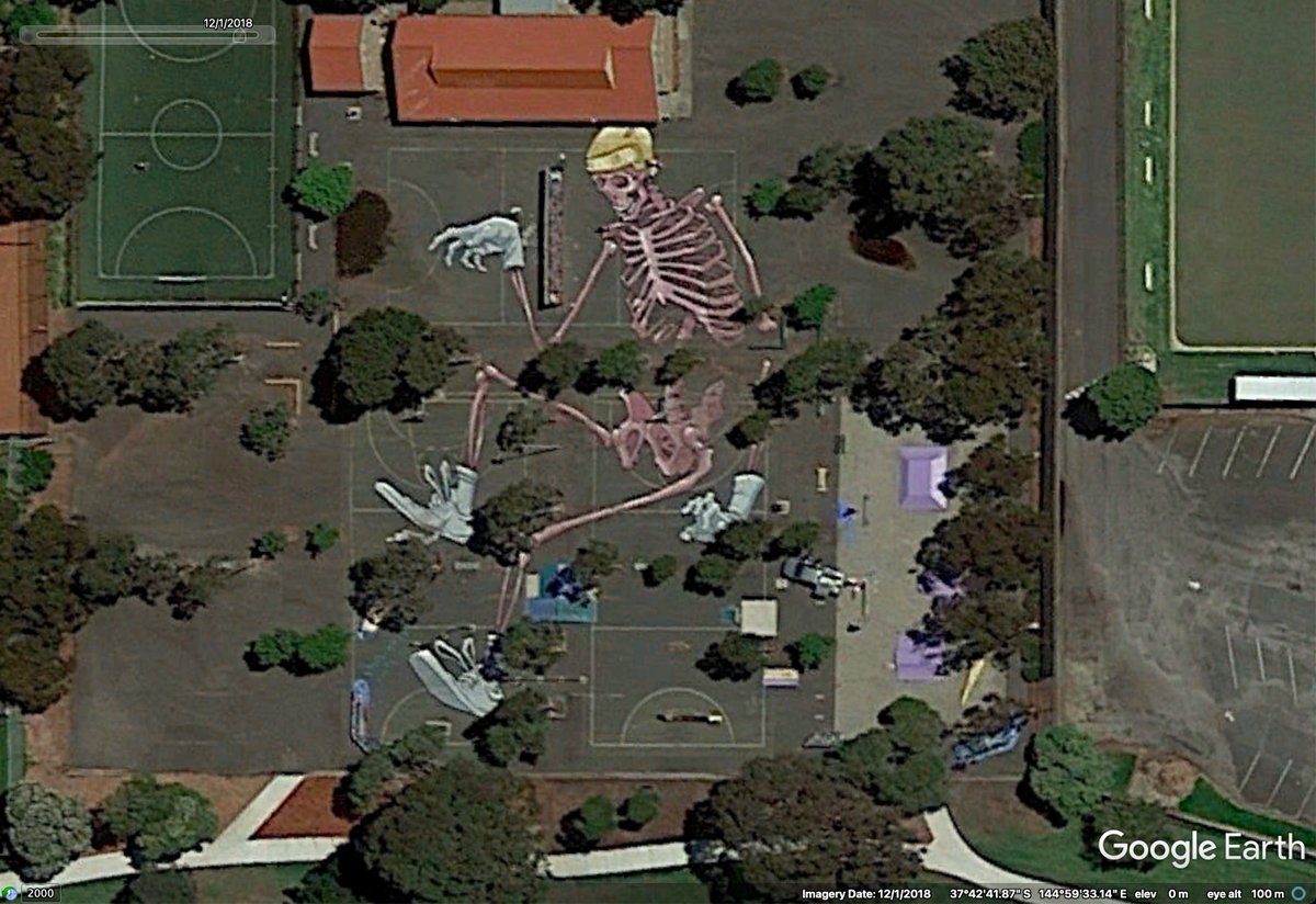 Exhibit 3 (one of my favs) is Art Attack from Kitt Bennett in Reservoir, Victoria, Australia (here:  https://goo.gl/maps/nc1CbxY8EkVnAmWc7). It is spread over three basketball courts. (original post here:  https://www.instagram.com/p/Bc4AQUiBcmQ/ )