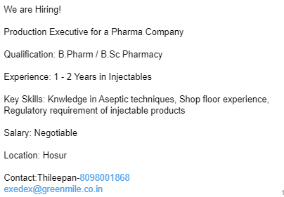 #job #jobs #injectables #pharmacy #ProductionExecutive
we are hiring post pharma #hosur
