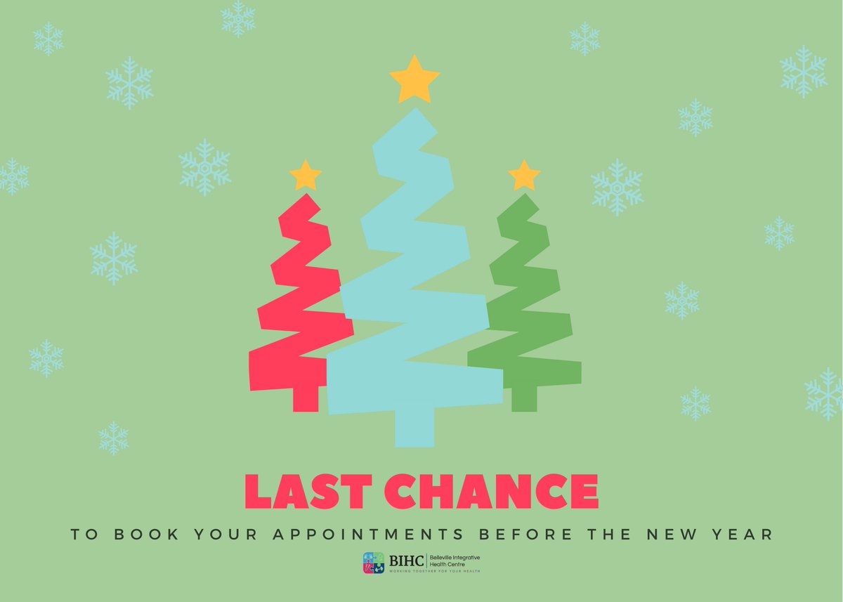 BIHC (@quintebihc) on Twitter photo LAST CHANCE to book your appointments before the new year ....
OPEN until 1pm TODAY - Dec 24th
Here's how you can reach us:
๐ 613-966-9500
โ๏ธ info@bihc.ca
๐ป bihc.ca
#HappyHolidays LAST CHANCE to book your appointments before the new year ....
OPEN until 1pm TODAY - Dec 24th
Here's how you can reach us:
๐ 613-966-9500
โ๏ธ info@bihc.ca
๐ป bihc.ca
#HappyHolidays