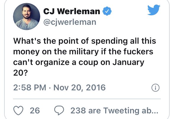 Liberal author calls for military coup in Nov 20, 2016 tweet so Trump doesn’t take office on Jan 20 2017.