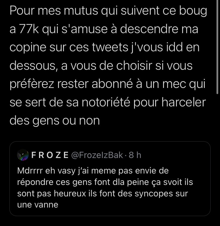 Exemple 1: certains font vraiment de la dictature mdrr, on vient t’identifier pour que t’unfolo des personnes jugées « problématiques » sinon t’es bloqué, voir même parfois on vient t’agresser en mp, assez chaud je trouve
