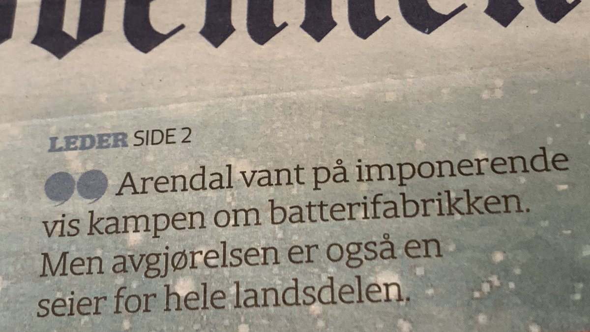 Morrow Batteries har bidratt til å få frem mulighetene som finnes for ny, grønn industri i #Agder. 

Som <a href="/fvn_no/">Fædrelandsvennen</a> skriver på lederplass: «Denne prosessen har vist at Agder har flere gode alternativer til andre, liknende etableringer». #batterycoast <a href="/Agder_Energi/">Agder Energi</a> #morrowbatteries