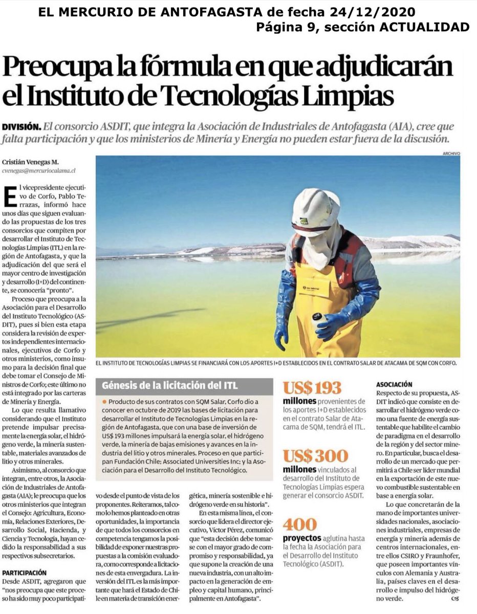 Nos preocupa que en el proceso de evaluación respecto de la adjudicación del Instituto de Tecnologías Limpias que lleva <a href="/Corfo/">Corfo</a> hace más de 2 años, no participe el <a href="/MinMineria_cl/">Ministerio de Minería de Chile</a> ni el <a href="/MinEnergia/">Ministerio de Energía</a> en el Consejo de Ministros de Corfo que evalúa las 3 propuestas en competencia.