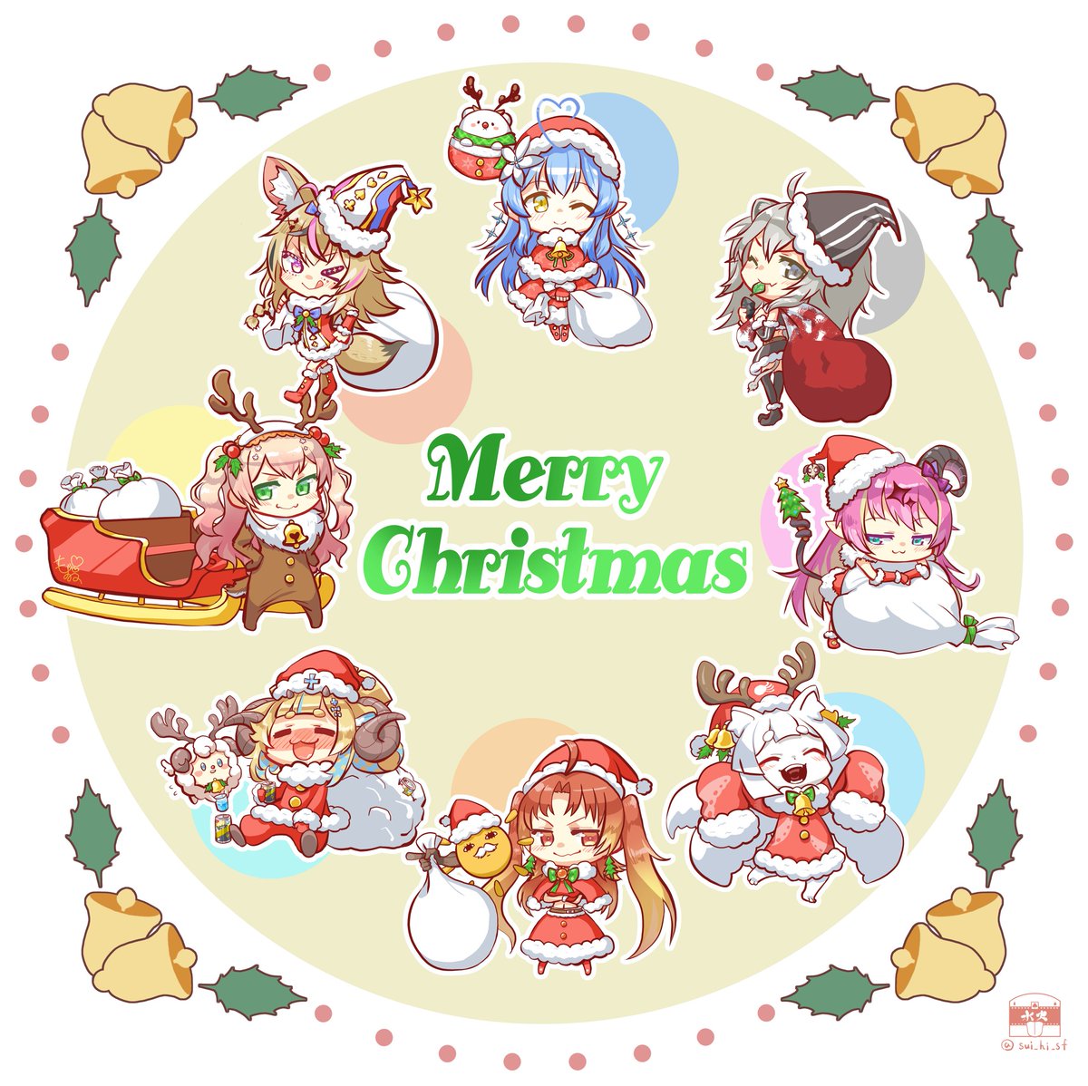 momosuzu nene ,omaru polka ,shishiro botan ,yukihana lamy santa hat multiple girls hat horns christmas blonde hair santa costume  illustration images