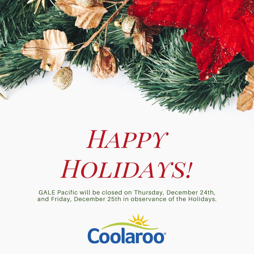 Coolaroo's tweet image. Happy Holidays!

GALE Pacific will be closed on Thursday, December 24th, and Friday, December 25th in observance of the Holidays.