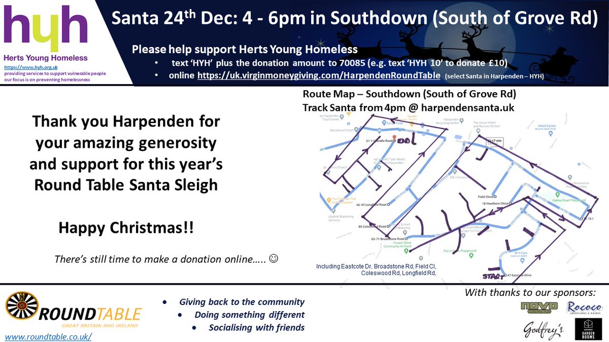 It's our final night of Santa Sleigh for 2020. Please help us get the message out to everyone in Southdown - South side of Grove Rd. harpendensanta.uk