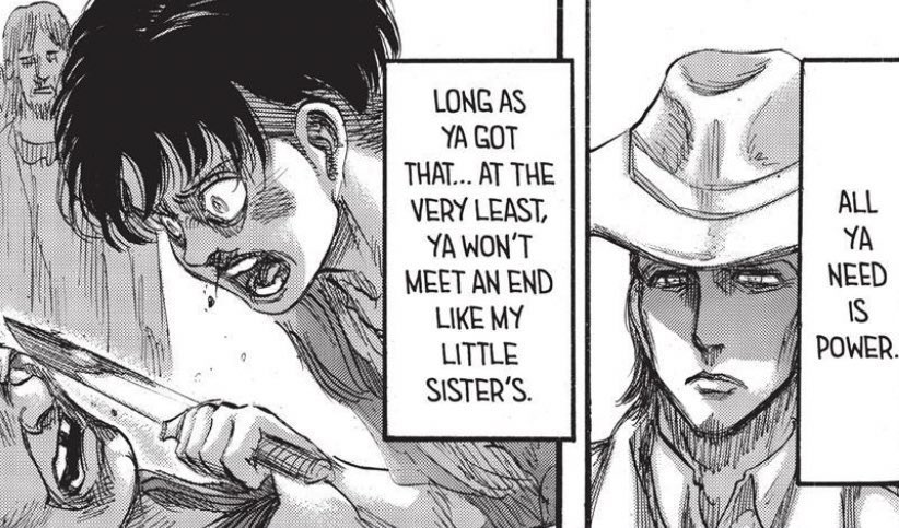 As such, the most efficient way to survive the cruelty and harshness of the underground city, was to fight, and with that, have power. Thus mentioned by Kenny Ackerman, who believed that these components were the most effective way to survive.