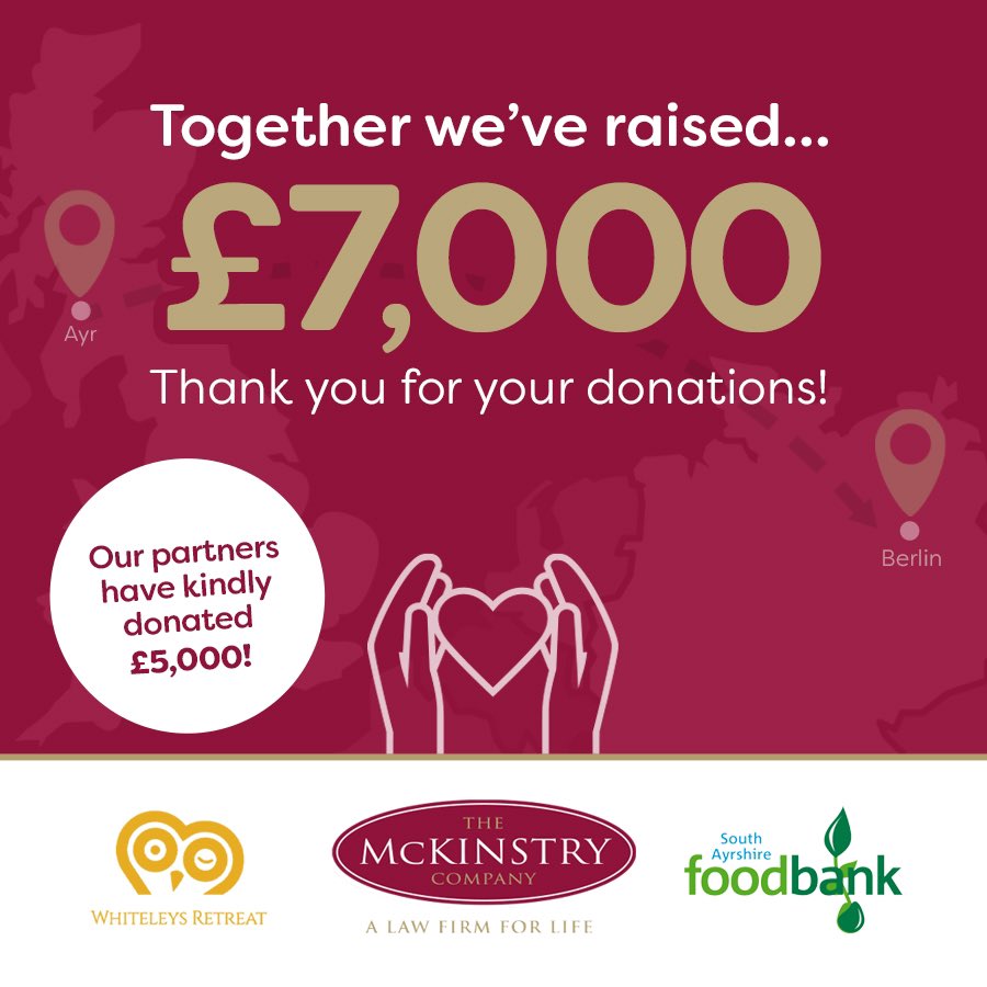 The McKinstry Company (@themckinstryco) on Twitter photo A massive thank you to everyone who supported us on our Walk to Berlin Challenge!
We smashed our target & have clocked up 1,436 as a team. Our chosen charities, <a href="/SthAFoodBank/">South Ayrshire Foodbank</a> & <a href="/whiteleysayr/">Whiteleys Retreat 🦉</a> both received £3,500 each in time for Christmas.
#TeamTMC #Ayr #Girvan A massive thank you to everyone who supported us on our Walk to Berlin Challenge!
We smashed our target & have clocked up 1,436 as a team. Our chosen charities, <a href="/SthAFoodBank/">South Ayrshire Foodbank</a> & <a href="/whiteleysayr/">Whiteleys Retreat 🦉</a> both received £3,500 each in time for Christmas.
#TeamTMC #Ayr #Girvan