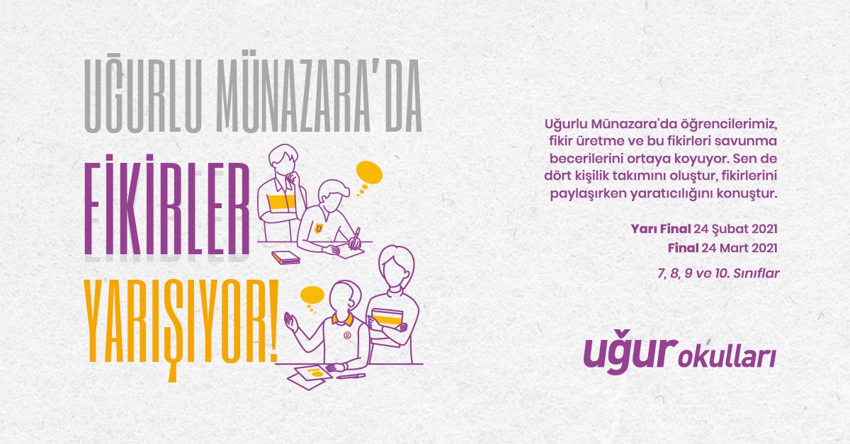 Öğrencilerimizin fikirler üretip, bu fikirleri savunma becerilerini ortaya koyduğu #UğurluMünazara başladı! 💭 7, 8, 9 ve 10. sınıf öğrencilerimizin katılımıyla düzenlenen münazarada yaratıcılıklar konuşacak.

📌Yarı final 24 Şubat 2021
📌Final 24 Mart 2021

#UğurluOlmak