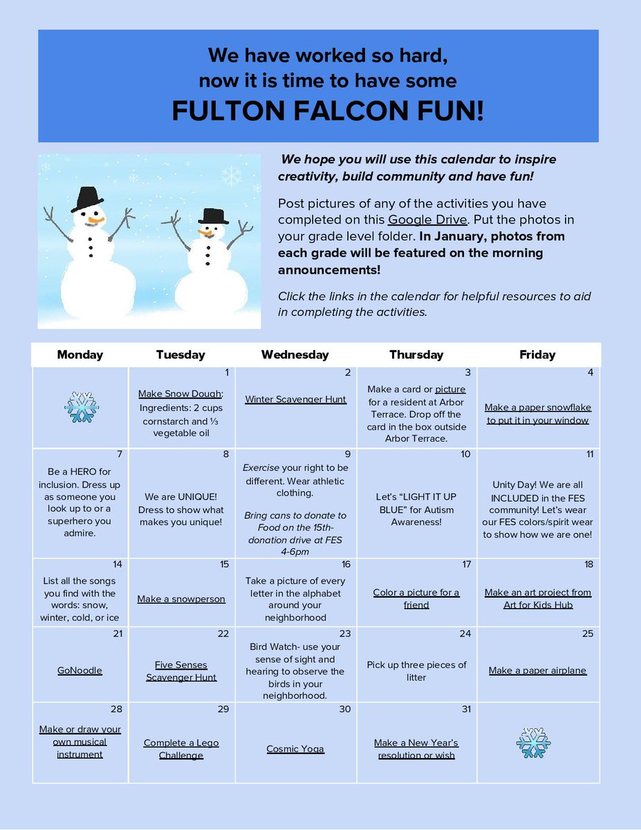 Happy Holiday Break, Fulton Friends!  Lots of exciting things going on that we're going to share in the upcoming days but first we want to remind you of the fun activity calendar created by  FES parent, Mindy Gorelick! Find the link friendly calendar here ow.ly/nBPc50CTbBW