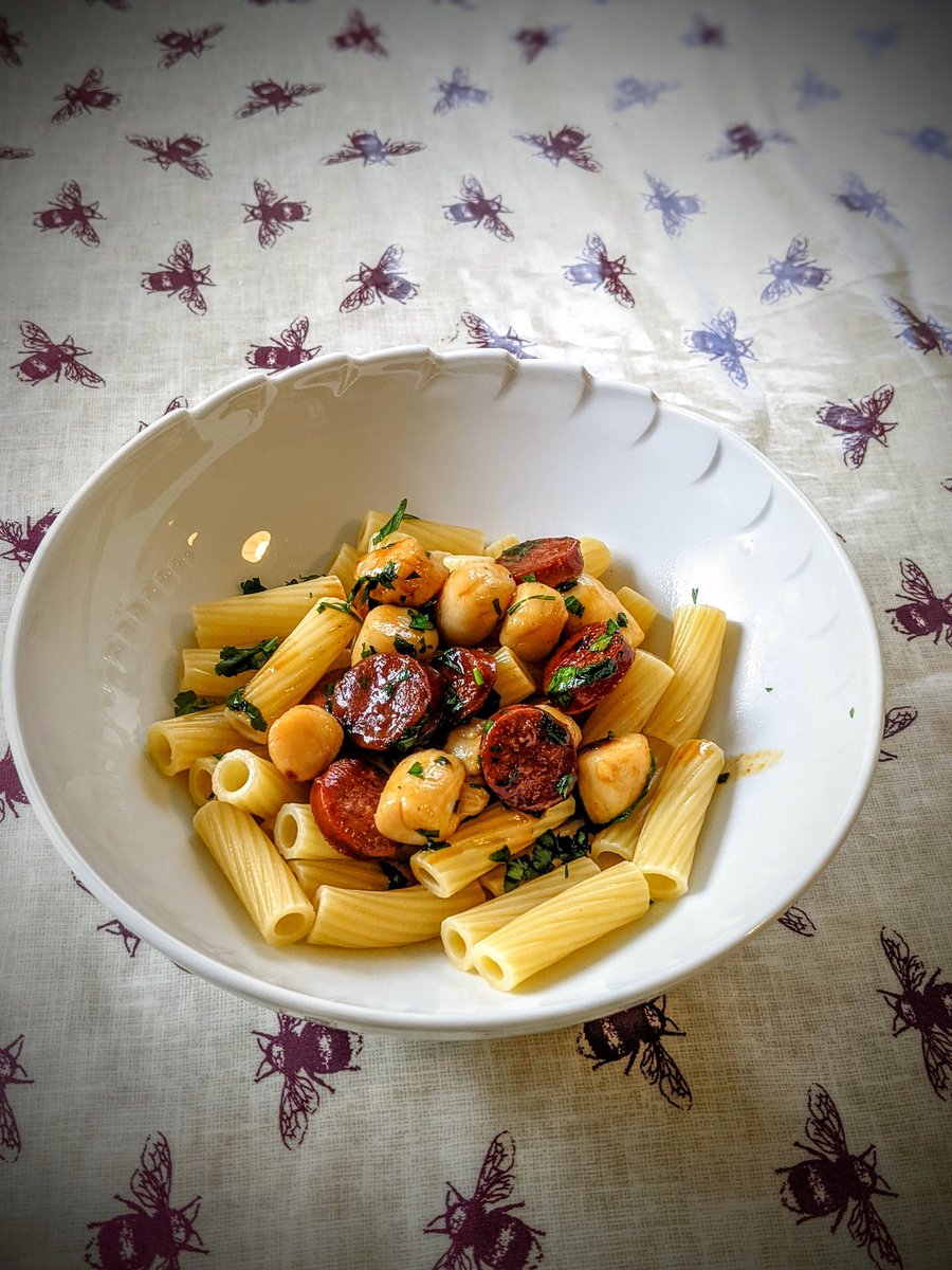 Light lunch of queen scallops and chorizo. Great start to the festivities even cracked into a nice bottle of wine. Thanks for the idea  <a href="/Nigella_Lawson/">Nigella Lawson</a>