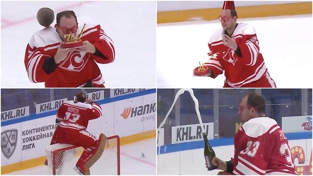 BarDown's tweet photo. KHL goalie celebrates his team's 74th birthday with a mini party on the ice after the game. 😂🎉🍾

VIDEO @ https://t.co/fWHNmjmM4Y https://t.co/lQag88IXnM