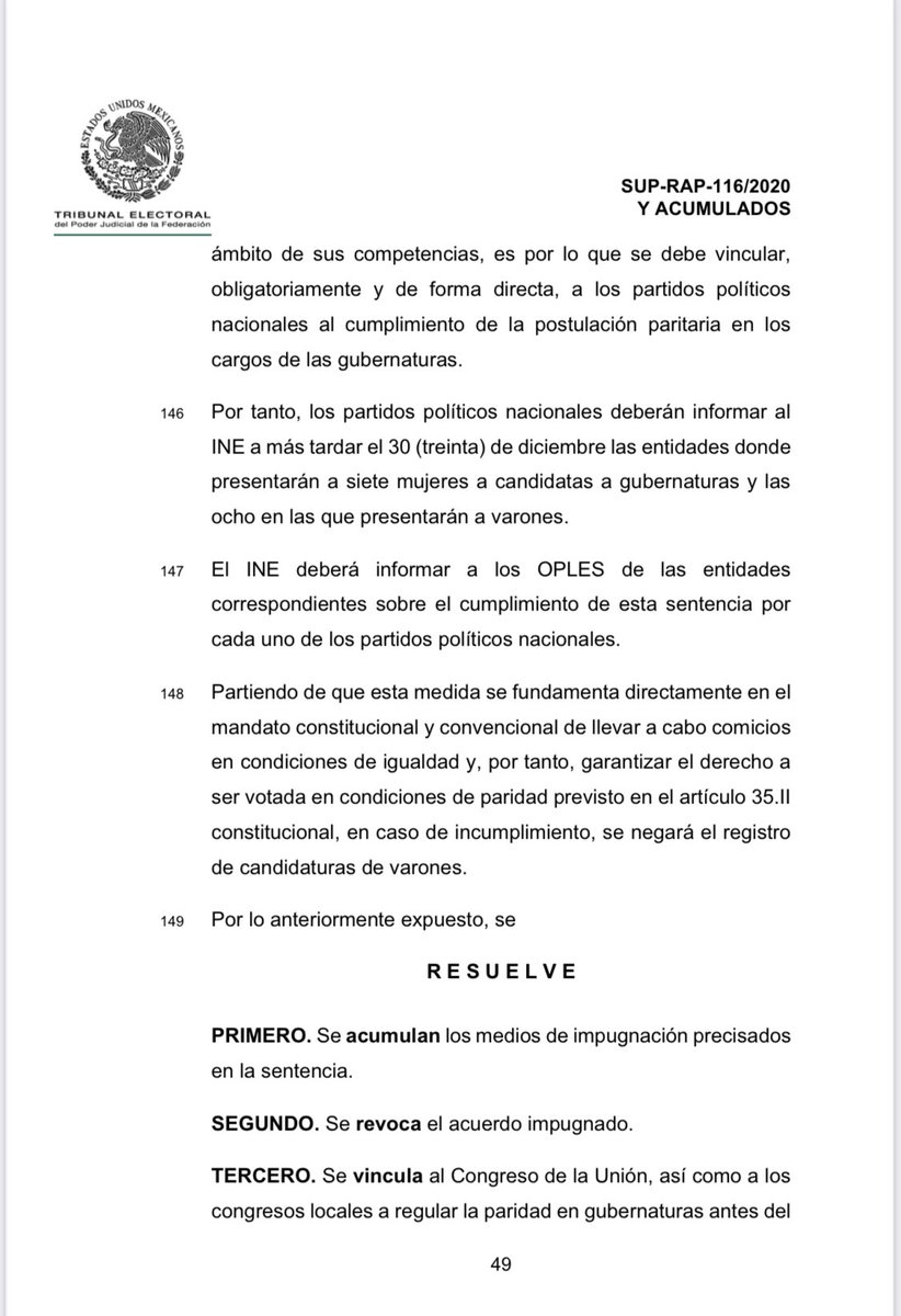 MarthaTagle's tweet photo. Finalmente salió engrose del @TEPJF_informa que vincula de manera definitiva a los partidos a cumplir con el registro de 7 mujeres candidatas a gobernadoras y deberá informar al @INEMexico en qué entidades a más tardar el 30 de diciembre
#ParidadEnGubernaturasYa
Núm 145 - 147 👇🏼 https://t.co/AKCFnOnsK7