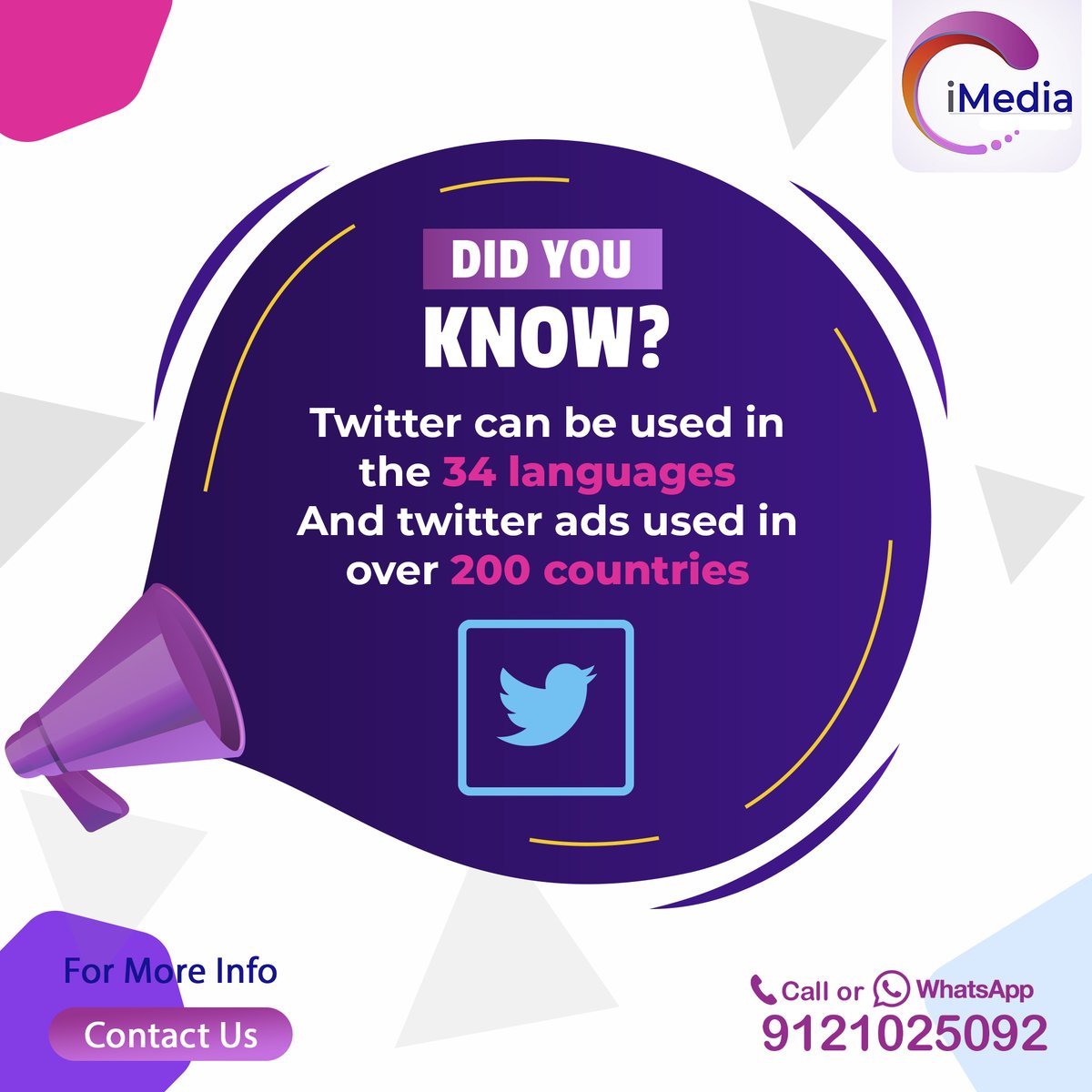 iMediaGlobalInd's tweet photo. Did you Know?

That's Twitter can be used in 34 languages and Twitter ads used in over 200 countries

Contact us on 8657587873.

For more info :
https://t.co/RySuXCRoat

#imediaglobal #Twitter #DidYouKnow #online #digital #digitalmarketing #business #onlinebusiness #TwitterAds https://t.co/W7FvZzQAoQ