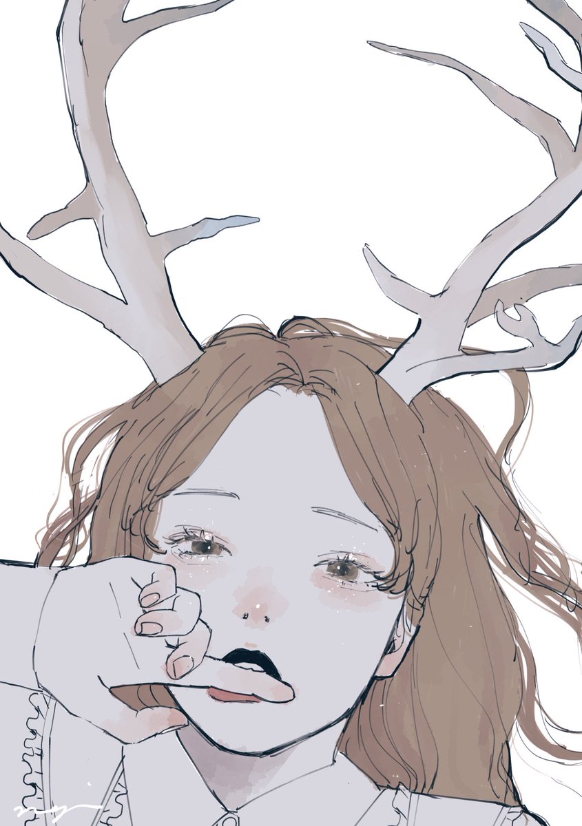 1girl solo brown hair antlers white background looking at viewer simple background  illustration images